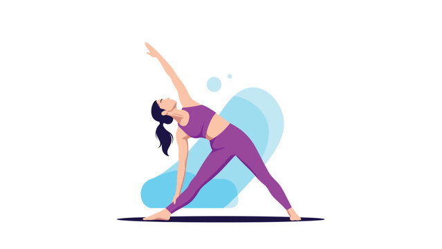 Woman practicing the triangle pose or trikonasana in yoga to improve flexibility and strength against a blue abstract shape.