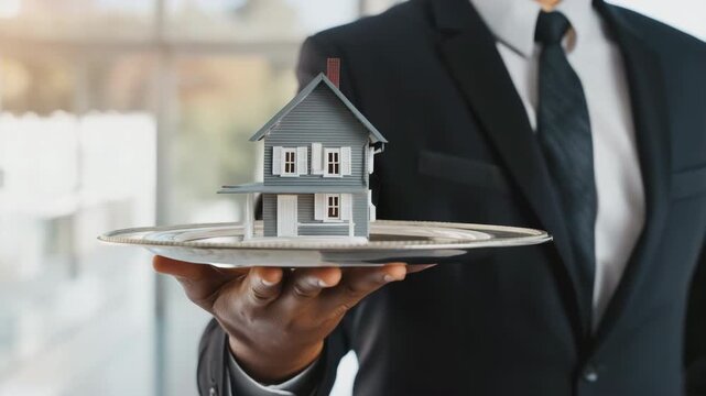 Tracking shot of businessman presenting miniature house on silver platter in office interior during daytime