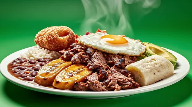 Traditional Bandeja Paisa Full Meal With Rice Beans Fried Plantains Fried Egg and Shredded Meat Steam Rising Cinematic Food Commercial