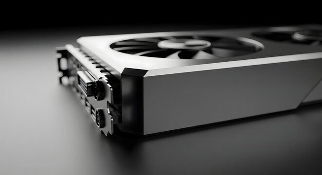 Close-up of a modern graphics processing unit with cooling fans.