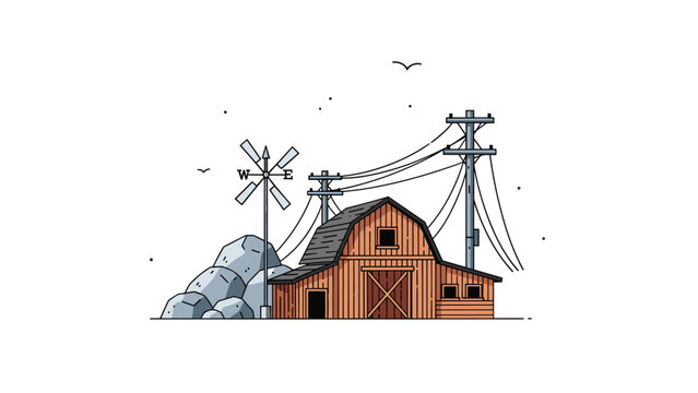 Charming rural farm landscape featuring a wooden barn, a weather vane, and utility poles under a clear sky with birds.