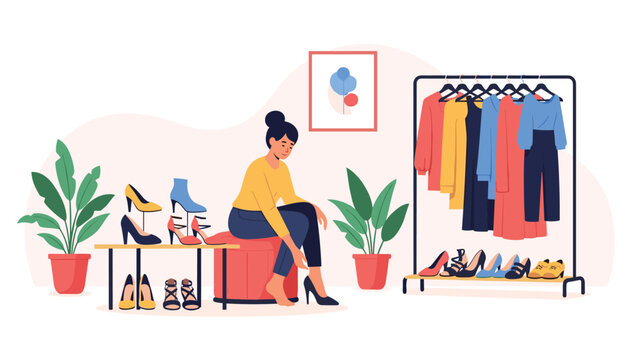 Young woman sitting in a stylish boutique trying on high-heeled shoes next to a clothing rack and various footwear options.