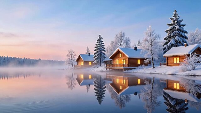 Snowy cabins by calm lake