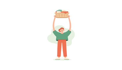 Fototapeta premium A cartoon man holding a wicker basket full of groceries above his head