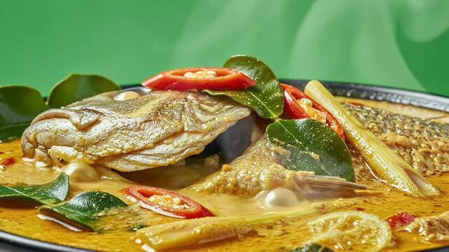Ultra Detailed Cinematic Close Up of Spicy Indonesian Fish Head Curry Goulai Ikan With Kaffir Lime Leaves Lemongrass and Red Chili Slices Garnishing a Rich Yellow Coconut Milk Broth Studio Shot on