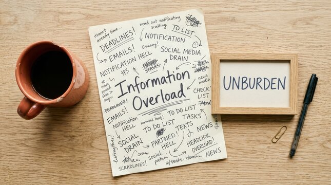 A handwritten note titled Information Overload, surrounded by related words like emails, deadlines, and social media, on a light wood grain surface.