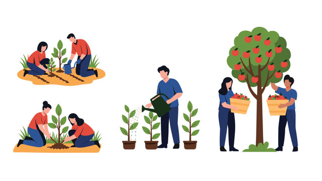 Various scenes of people engaged in gardening activities such as planting saplings, watering plants, and picking apples from a tree.