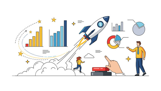Business startup concept with rocket launching upwards surrounded by various financial charts graphs and statistics being analyzed by people.