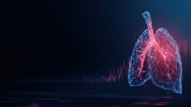 An evocative digital visualization of the human lungs illuminates against a deep, dark backdrop. ..Created with Generative AI, not depicting real subjects.