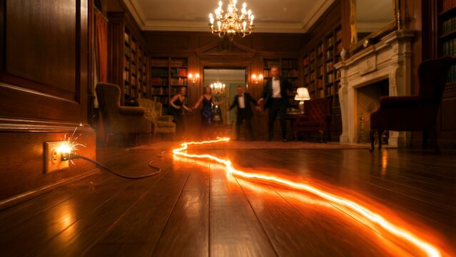 A dramatic, vivid orange electrical energy surge, characterized by a powerful, luminous glow, intensely sparks from a wall outlet, extending an electrifying and continuous path dynamically across a