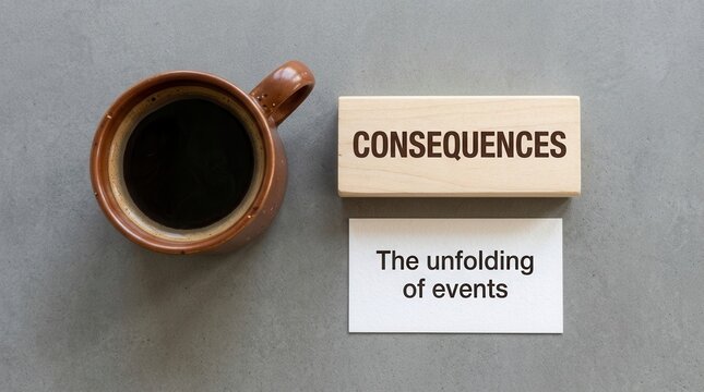 Consequence and the unfolding of events alongside a steaming cup of coffee on a grey surface