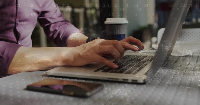 Man placing arms and typing on laptop, phone; binary overlay over arms showing tech data processing