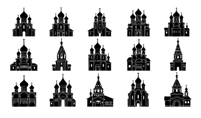 Orthodox church silhouettes set diverse architectural styles domes and crosses black vector collection isolated on white background © MdHacib