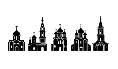 Orthodox church silhouette lineup cathedral domes and religious architecture icons vector isolated on white © MdHacib