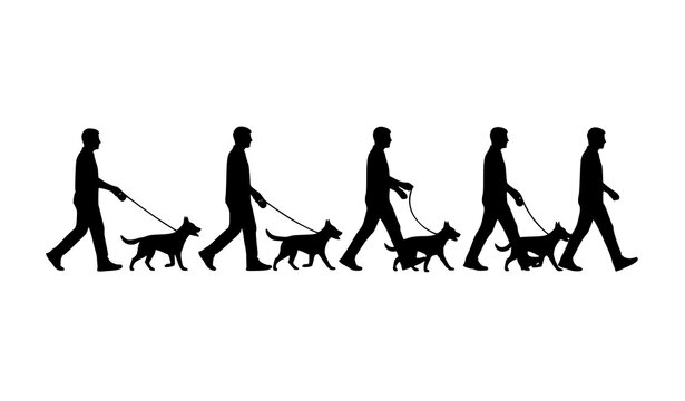 Man walking dog silhouette sequence black human and pet movement lineup vector isolated on white