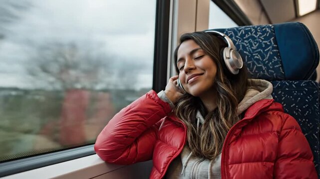 Young woman wearing a vibrant red jacket and grey trousers sitting on a passenger train carriage, looking through the window during her commute on city rail transit.