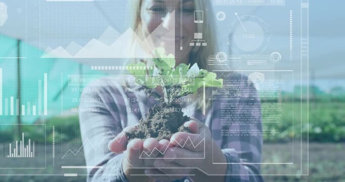Nursery grower extending seedling to camera, starting HUD charts scanning growth as focus closing