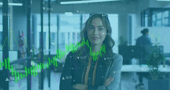 Woman centered foreground crossing arms, reacting to rising finance chart cycling across face