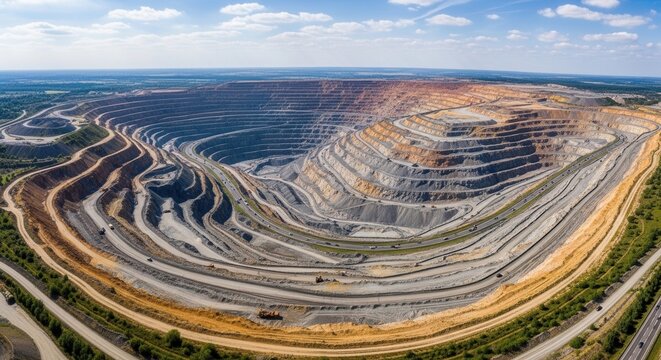 Vast Open Pit Mine Excavation With Layered Terraces And Winding Roads