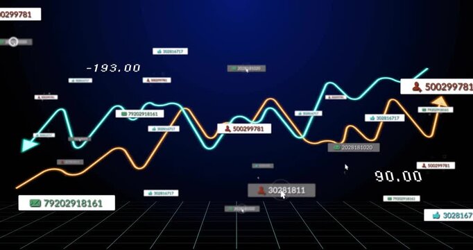 Orange and cyan lines emerging from sides, weaving across grid, highlighting tags for analytics
