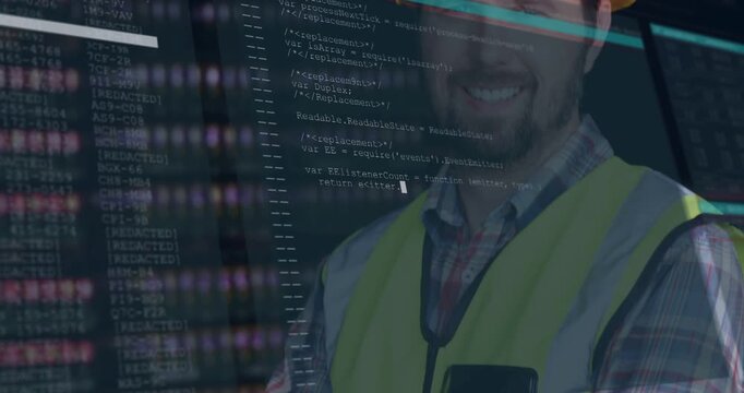 Camera widening code fading, man wearing vest donning hard hat, data scrolling, site monitoring