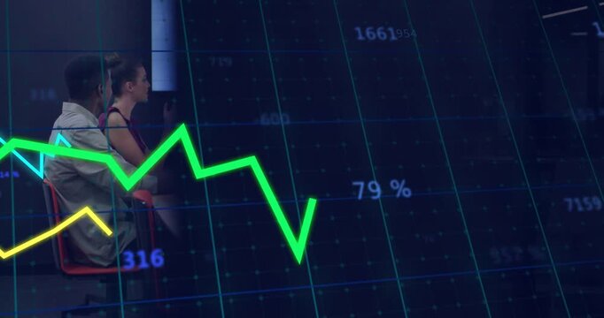 Four colleagues discussing business data while animated line graphs fading revealing meeting table