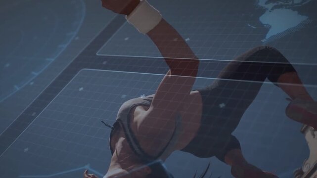 Vertical video: Woman lifting arms, launching into tucking and rotating midair, HUD guiding fitness