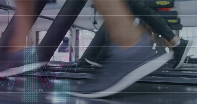 Vertical video: Three runners landing on treadmills and initiating fitness charts tracking cadence