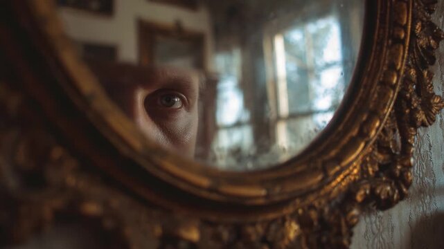 Person's eye reflected in ornate antique mirror vintage home interior suspenseful mood