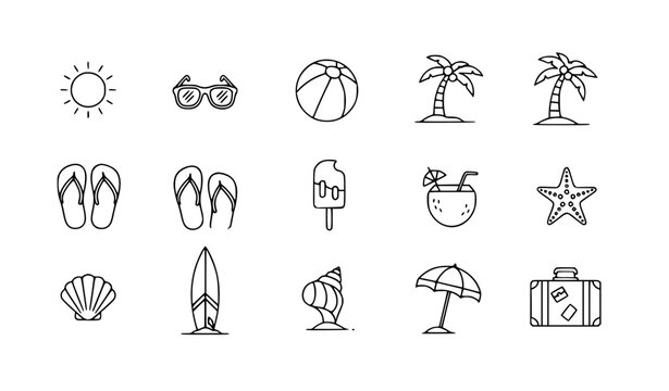Summer holiday line icons set with beach vacation travel symbols editable outline vector collection