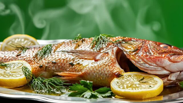 Whole Baked Red Snapper Fish With Lemon And Herbs Steaming Hot Close Up On A Green Background Macro Shot Of Delicious Gourmet Seafood Meal