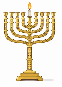 075-22-Golden chanukiah with lit shamash candle, symbolizing a jewish holiday