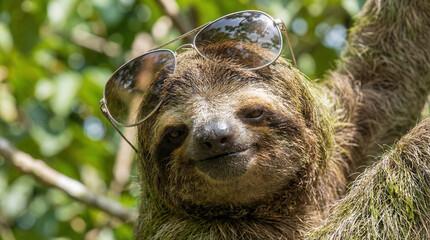 Fototapeta premium Cool Sloth Wearing Sunglasses In Tropical Jungle Vacation Summer Vibes