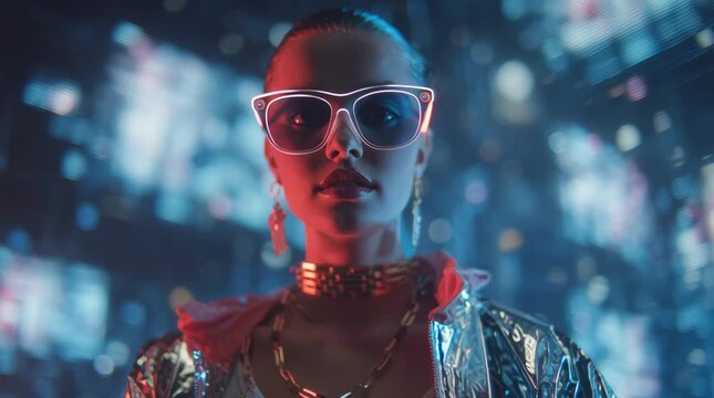 A stylish female model metallic cyberpunk attire glowing neon accessories, standing dark futuristic room filled holographic screens floating light particles, dramatic dynamic lighting, cinematic 4K