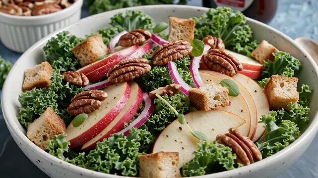 Healthy kale salad with apples, pecans, red onion, and croutons
