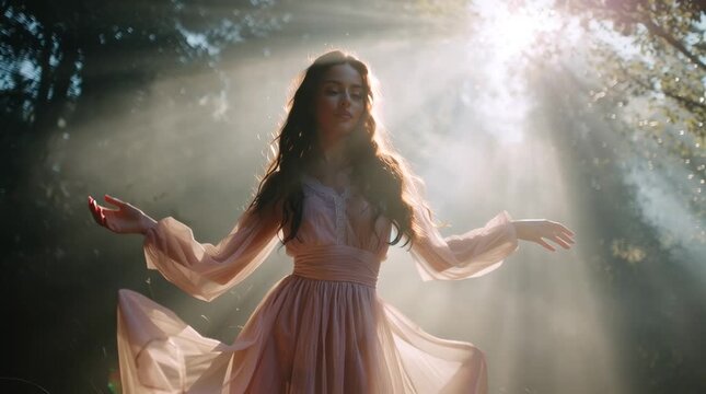 Elegant female model wearing flowing semi-transparent pastel dress, dancing gracefully misty forest sunrise, light beams piercing fog, ethereal magical atmosphere, cinematic slow motion, dreamy light