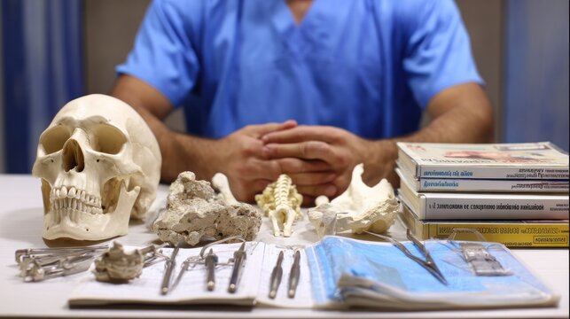 Forensic Anthropologist Examining Human Skull and Jawbone Models.