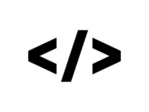 Minimalist black coding symbol representing software development programming language syntax and web application design concepts on white background