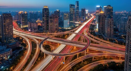Obraz premium Vibrant Cityscape With Illuminated Highway Interchange At Dusk
