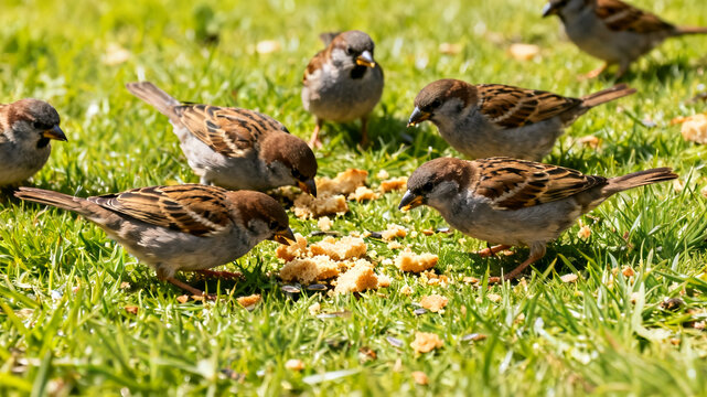 Group of house sparrows eating bread crumbs on green grass in the park. Wildlife birds feeding in natural habitat.