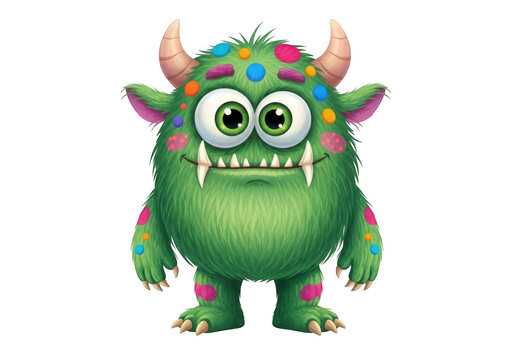 A green monster with colorful spots and horns isolated on transparent background