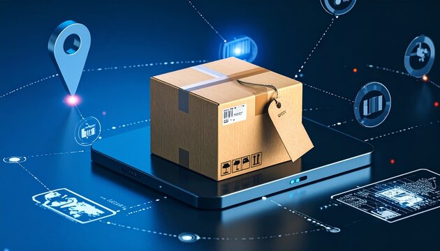 Cardboard box on tablet logistics graphics