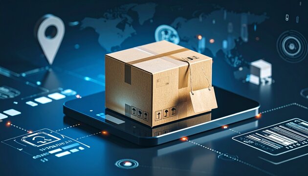 Cardboard box on tablet logistics graphics