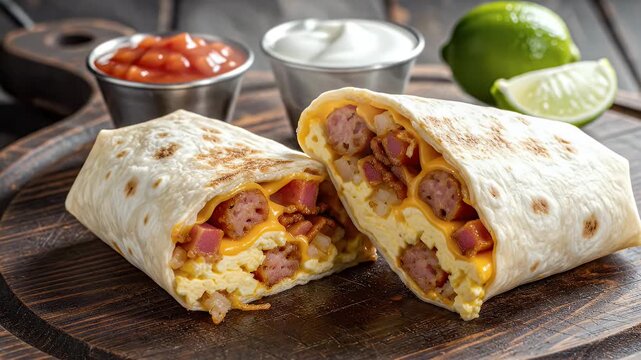 Hearty breakfast burritos cut in half on wooden board
