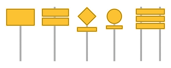 A set of road traffic sign icons with blank boards.  Yellow traffic warning signs for road safety. Highway attention road sign collection.  Warning, information concept. Vector illustration.  © BLACK Studio