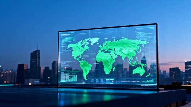 Digital world map on screen with city skyline