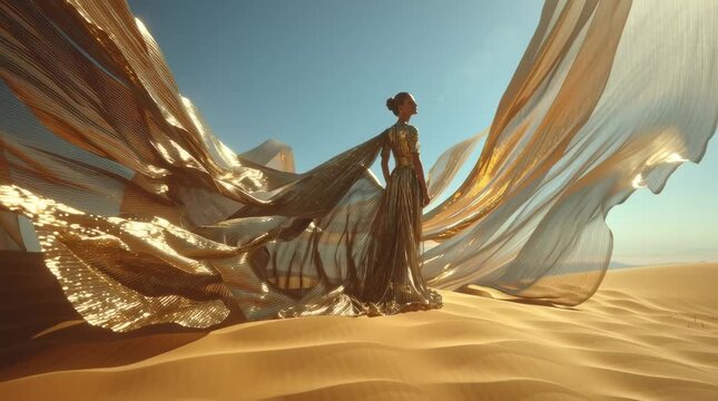 Elegant woman in flowing metallic gown standing vast desert, swirling golden sands forming abstract shapes sunlight shimmering off gown cinematic wide-angle surreal fashion editorial ethereal elegance