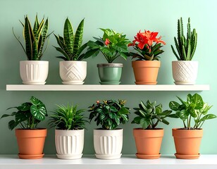 Obraz premium Variety of potted plants, arranged on a white shelf against a mint-green background