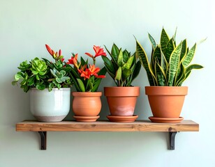 Obraz premium Four potted plants of varying types and colors sit on a wooden shelf against a pale green wall
