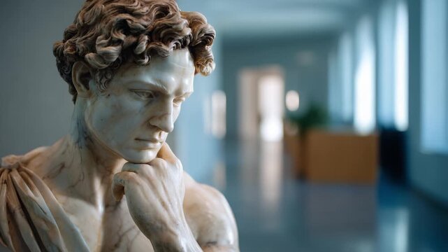 Close up of marble sculpture of pensive man in museum hallway